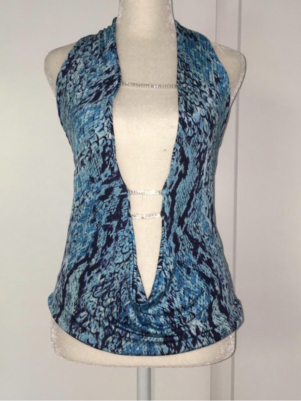 Blue Patterned Deep V Halter Tank Top